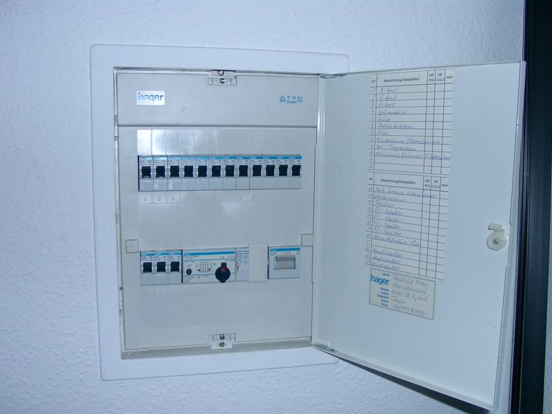 Een open zekeringkast in een appartement met een rij automaten en een lijst van de kringen op de deur